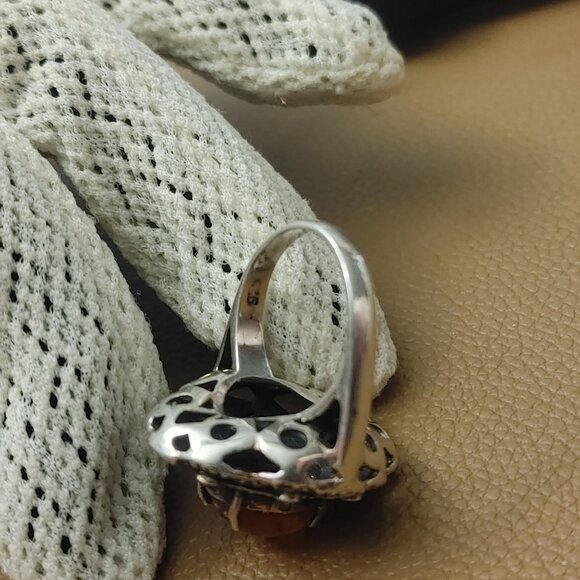 Filigree Ring Size 6 Baltic Amber Sterling Silver 925 Vintage Antique Style - Picture 8 of 15